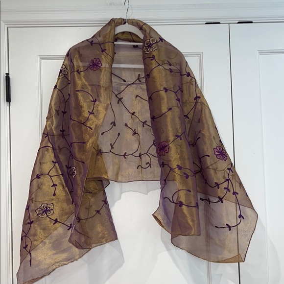 Accessories - Gold/Bronze Metallic Shimmery Vintage Wrap with Purple Flowers